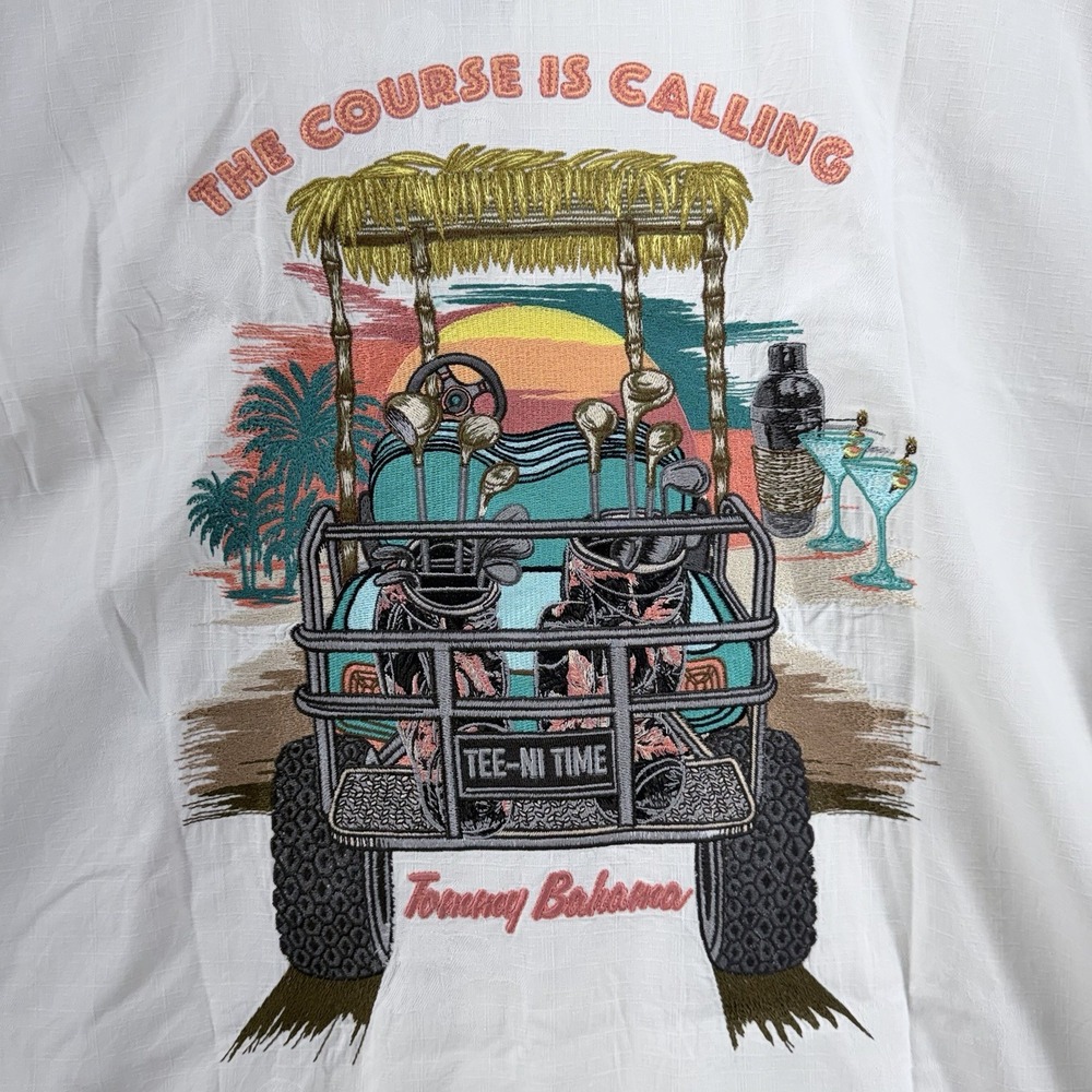 Tommy Bahama Hawaiian Golf Shirt Men Size Large Embroidered Short Sleeve Silk